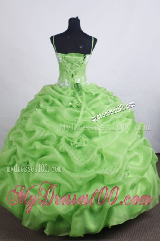 Spaghetti Straps Pick-ups Apple Green Quinceanera Party Dress with Handle Flowers